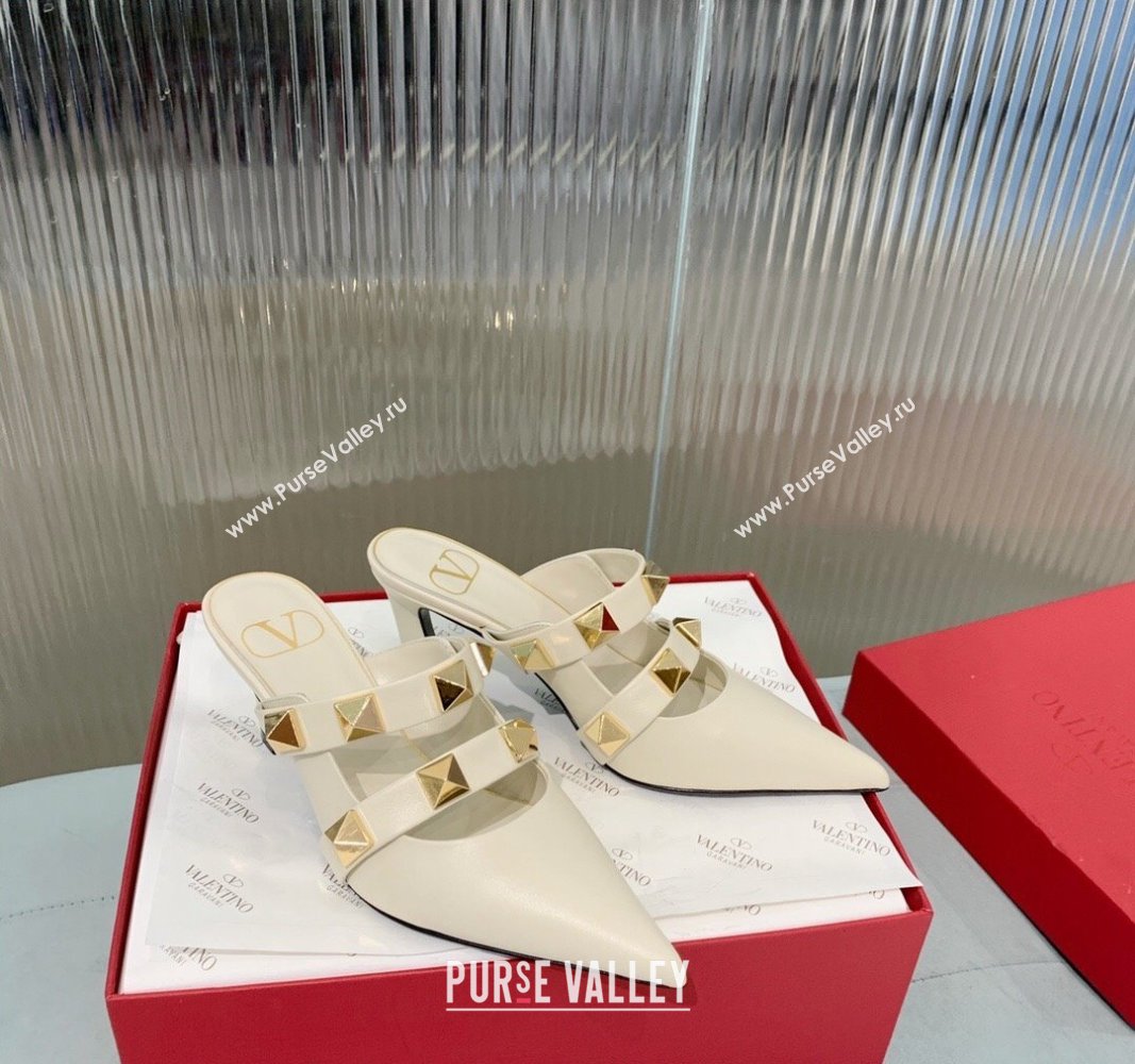 Valentino Roman Stud Calfskin Heel Mules 6.5cm with Straps White 2024 0429 (KER-240429109)