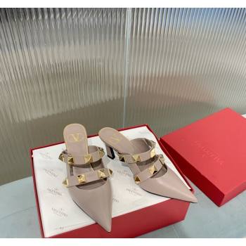 Valentino Roman Stud Calfskin Heel Mules 6.5cm with Straps Beige 2024 0429 (KER-240429110)