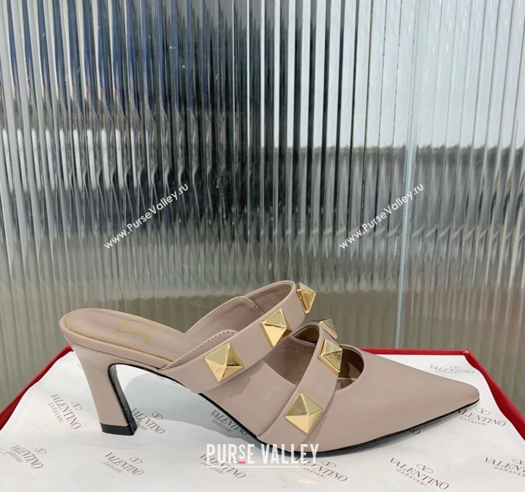 Valentino Roman Stud Calfskin Heel Mules 6.5cm with Straps Beige 2024 0429 (KER-240429110)