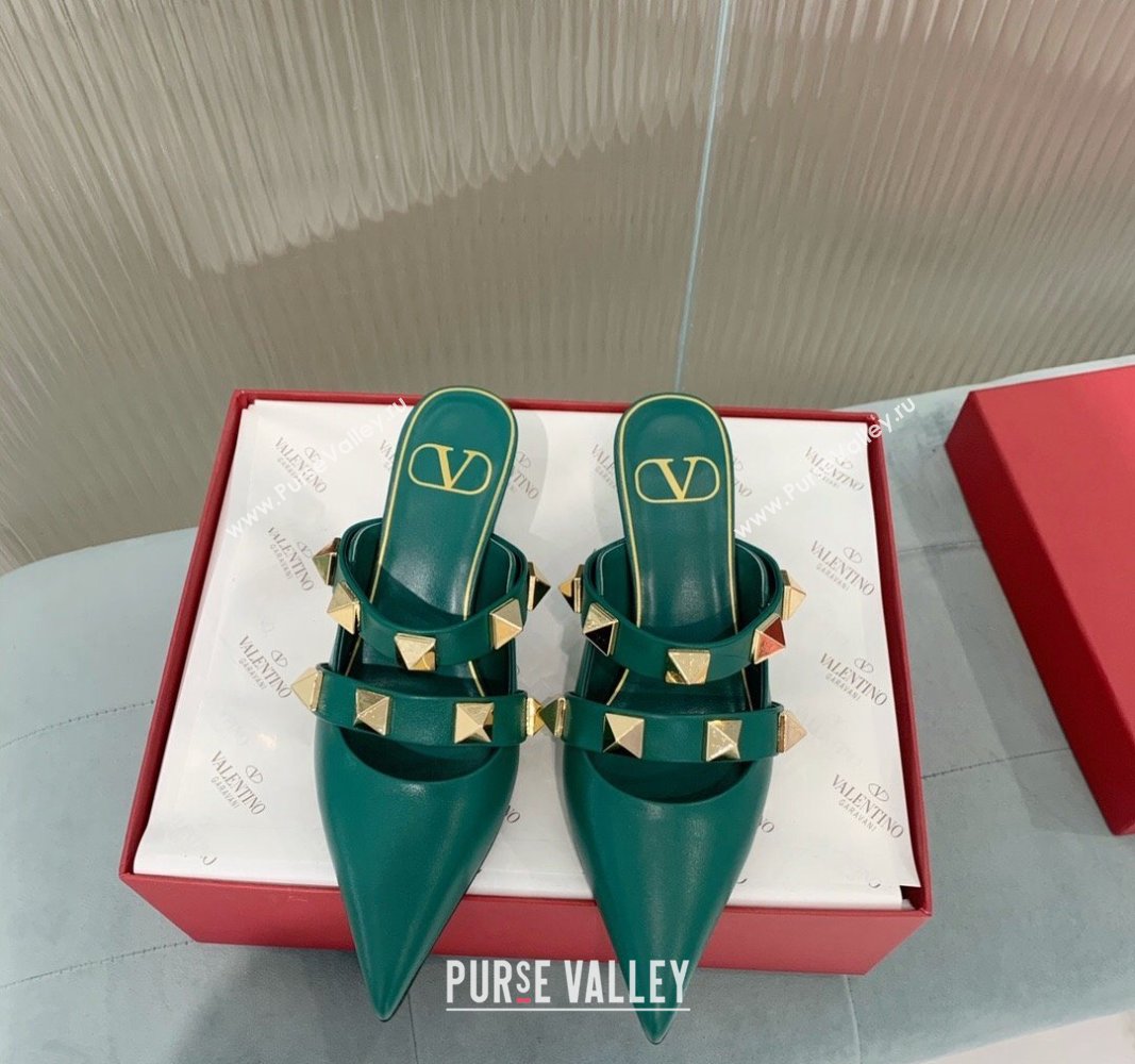 Valentino Roman Stud Calfskin Heel Mules 6.5cm with Straps Green 2024 0429 (KER-240429113)