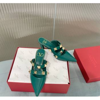 Valentino Roman Stud Calfskin Heel Mules 6.5cm with Straps Green 2024 0429 (KER-240429113)