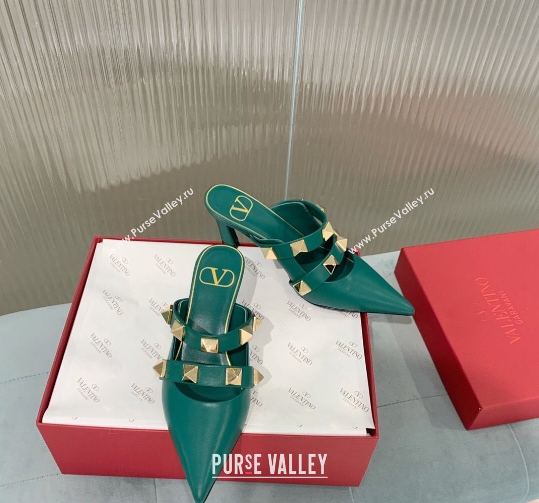 Valentino Roman Stud Calfskin Heel Mules 6.5cm with Straps Green 2024 0429 (KER-240429113)