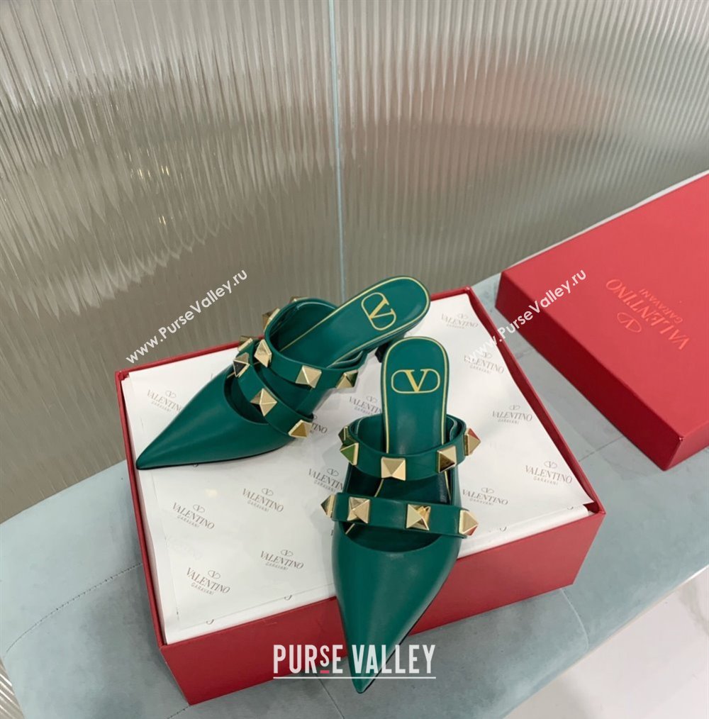 Valentino Roman Stud Calfskin Heel Mules 6.5cm with Straps Green 2024 0429 (KER-240429113)