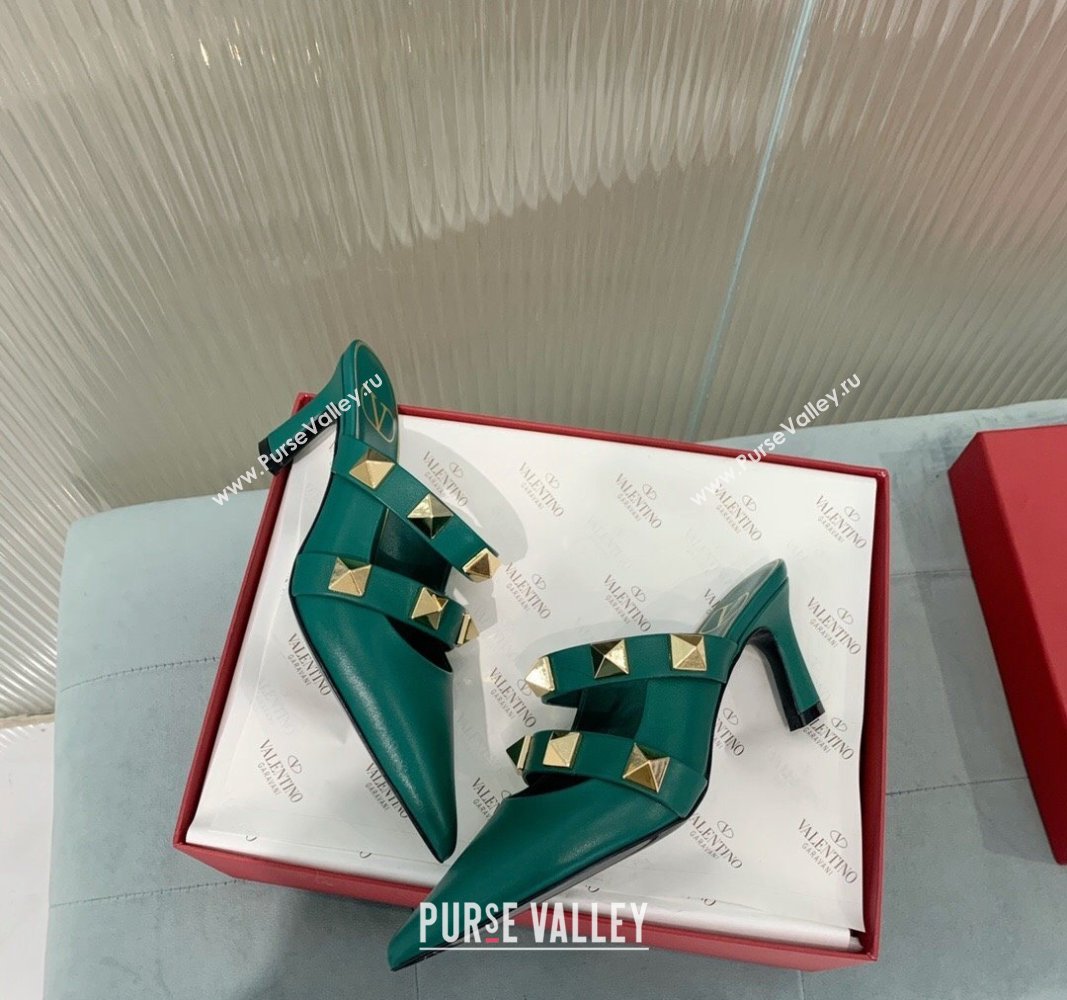 Valentino Roman Stud Calfskin Heel Mules 6.5cm with Straps Green 2024 0429 (KER-240429113)