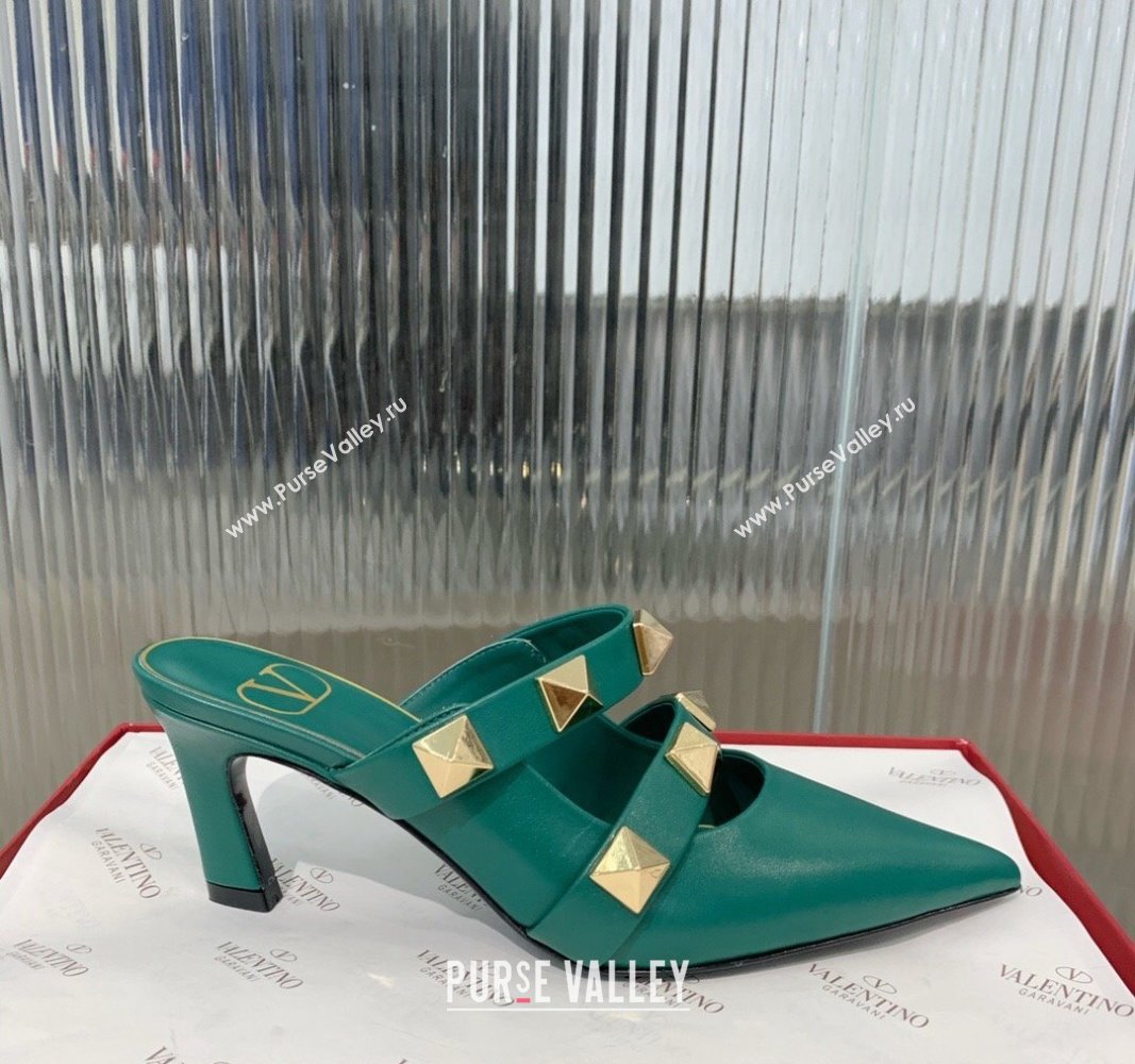 Valentino Roman Stud Calfskin Heel Mules 6.5cm with Straps Green 2024 0429 (KER-240429113)