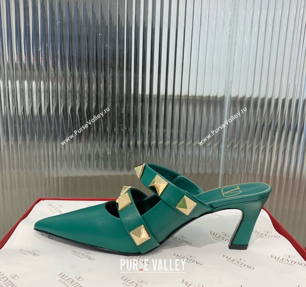 Valentino Roman Stud Calfskin Heel Mules 6.5cm with Straps Green 2024 0429 (KER-240429113)