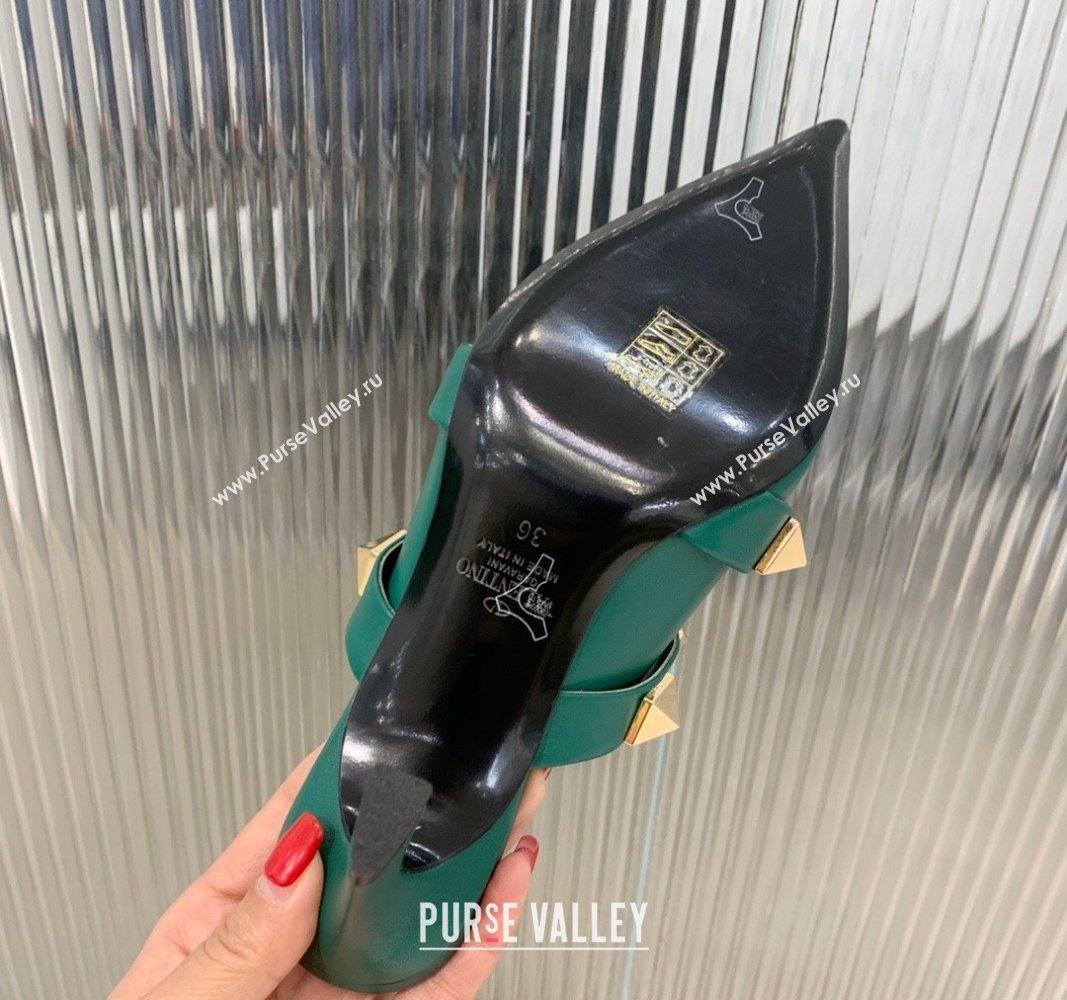 Valentino Roman Stud Calfskin Heel Mules 6.5cm with Straps Green 2024 0429 (KER-240429113)