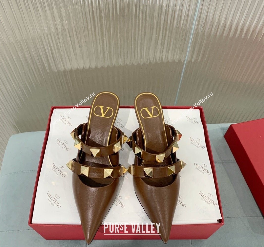 Valentino Roman Stud Calfskin Heel Mules 6.5cm with Straps Brown 2024 0429 (KER-240429114)