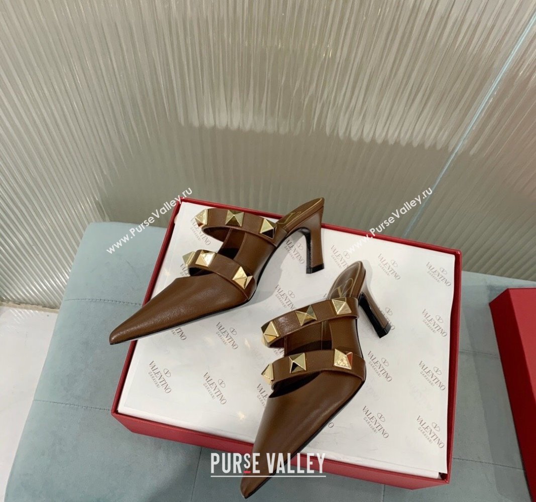 Valentino Roman Stud Calfskin Heel Mules 6.5cm with Straps Brown 2024 0429 (KER-240429114)