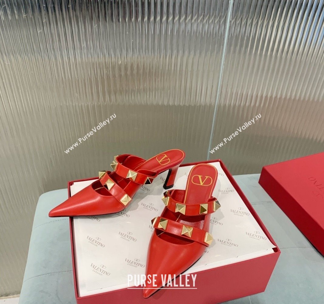 Valentino Roman Stud Calfskin Heel Mules 6.5cm with Straps Red 2024 0429 (KER-240429115)