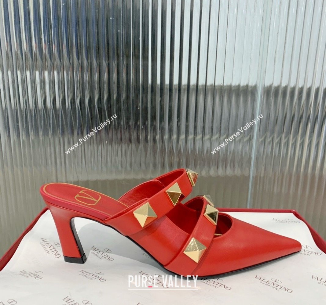 Valentino Roman Stud Calfskin Heel Mules 6.5cm with Straps Red 2024 0429 (KER-240429115)