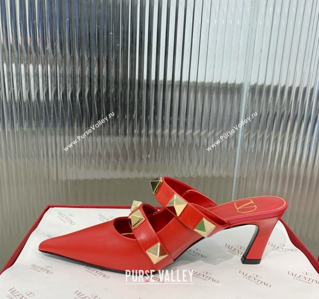 Valentino Roman Stud Calfskin Heel Mules 6.5cm with Straps Red 2024 0429 (KER-240429115)