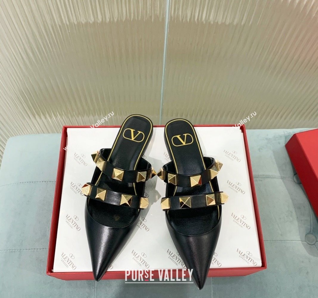 Valentino Roman Stud Calfskin Flat Mules with Straps Black 2024 0429 (KER-240429116)