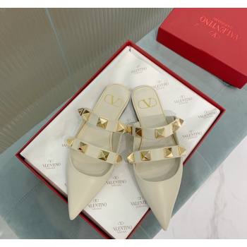 Valentino Roman Stud Calfskin Flat Mules with Straps White 2024 0429 (KER-240429117)