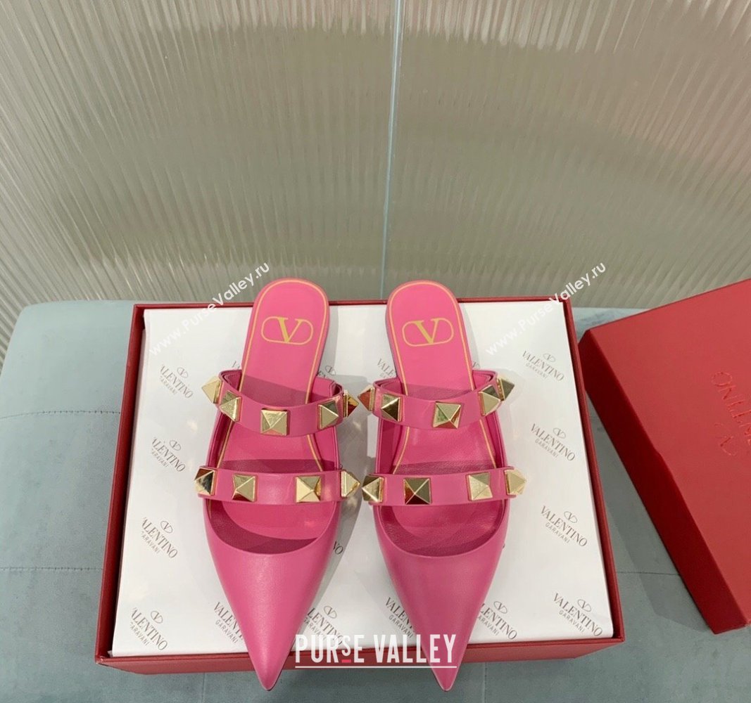 Valentino Roman Stud Calfskin Flat Mules with Straps Pink 2024 0429 (KER-240429119)