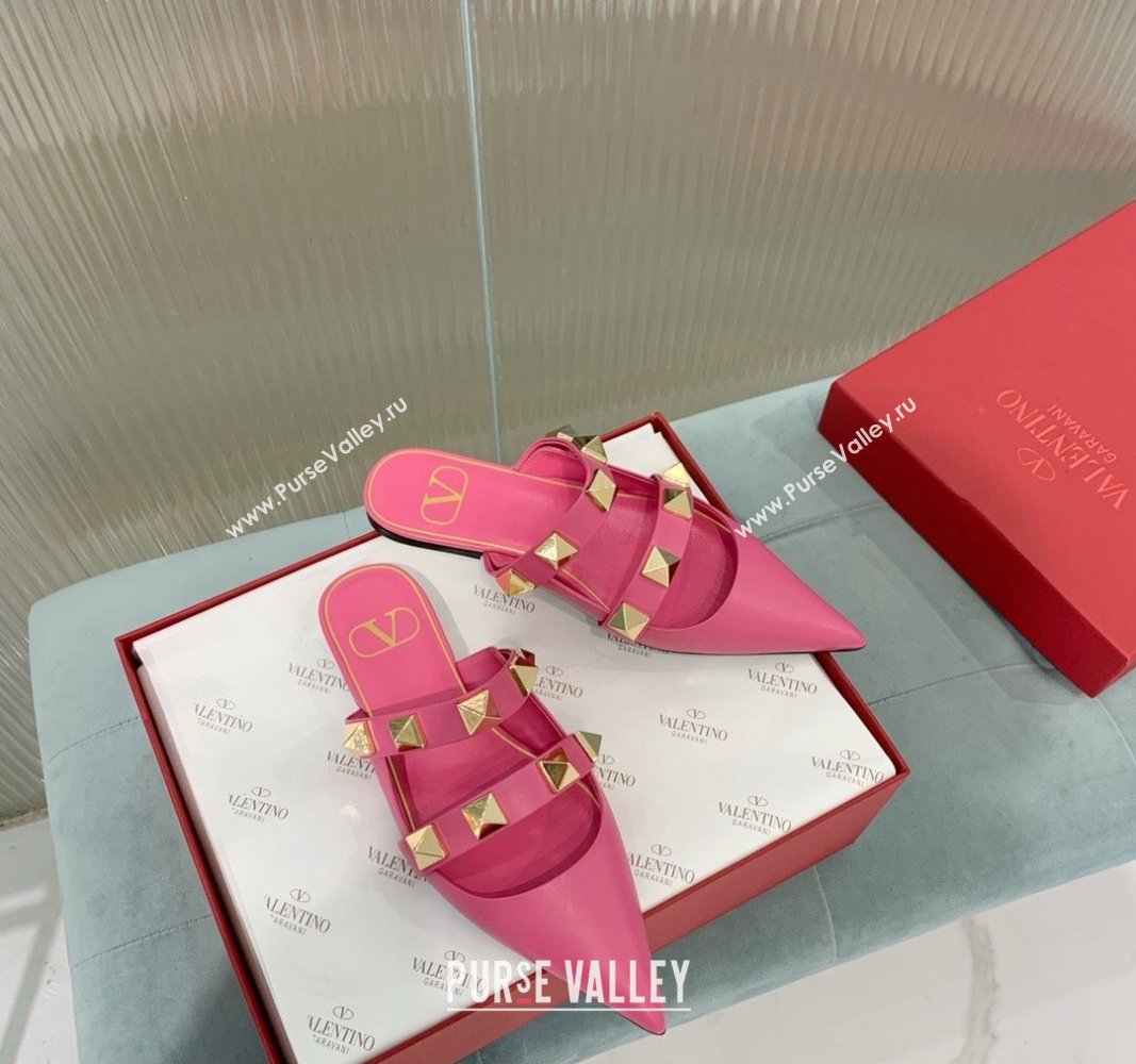 Valentino Roman Stud Calfskin Flat Mules with Straps Pink 2024 0429 (KER-240429119)