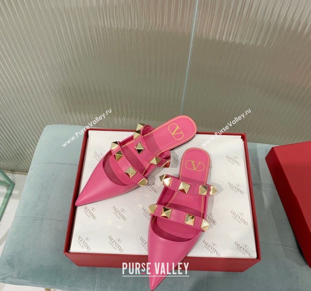 Valentino Roman Stud Calfskin Flat Mules with Straps Pink 2024 0429 (KER-240429119)