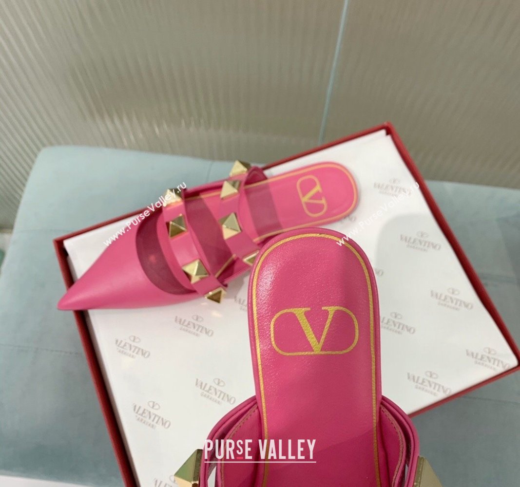 Valentino Roman Stud Calfskin Flat Mules with Straps Pink 2024 0429 (KER-240429119)