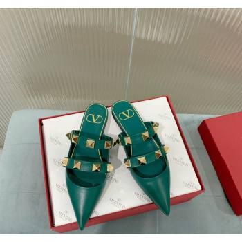 Valentino Roman Stud Calfskin Flat Mules with Straps Green 2024 0429 (KER-240429121)