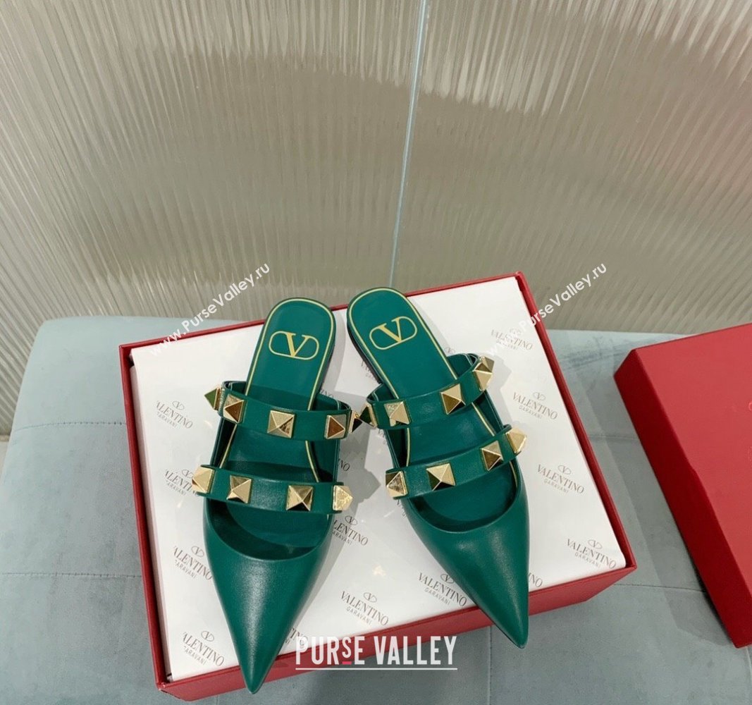 Valentino Roman Stud Calfskin Flat Mules with Straps Green 2024 0429 (KER-240429121)