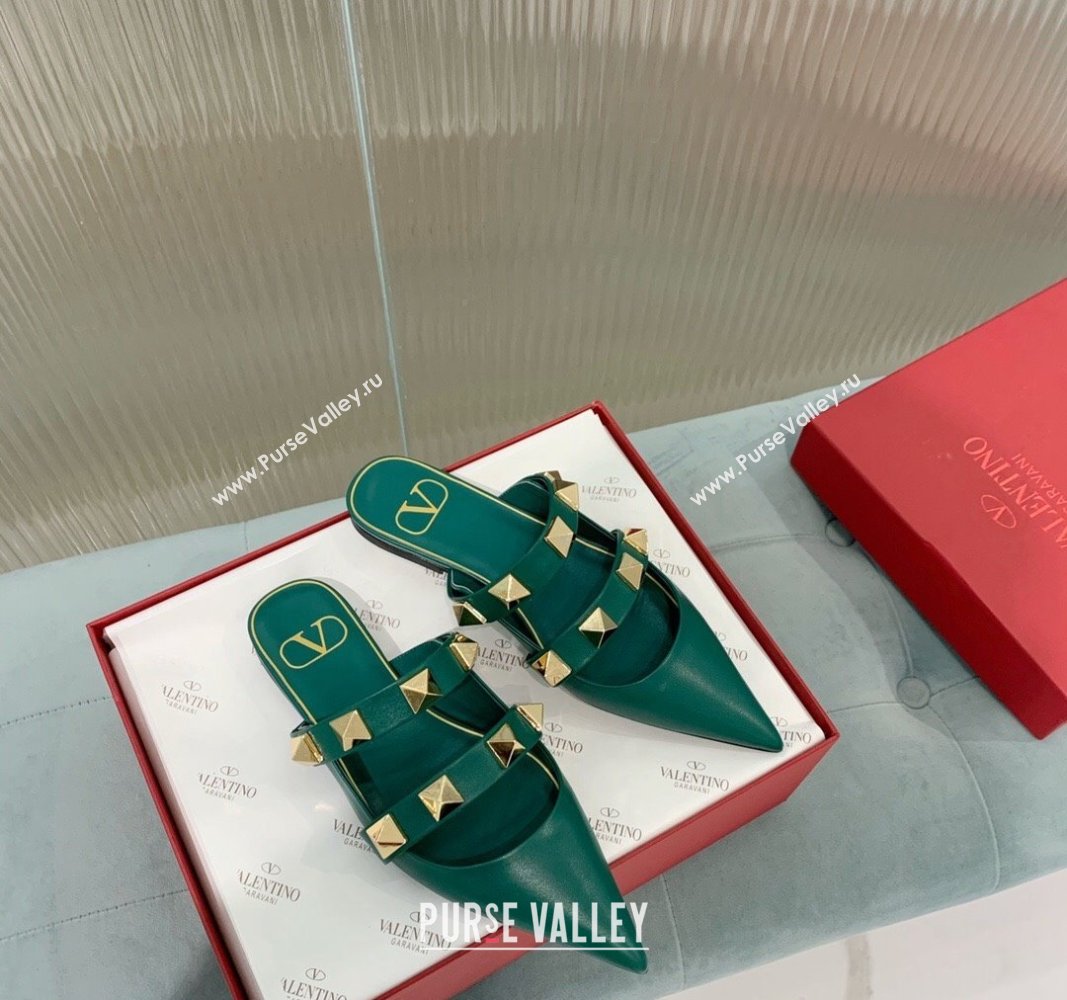 Valentino Roman Stud Calfskin Flat Mules with Straps Green 2024 0429 (KER-240429121)