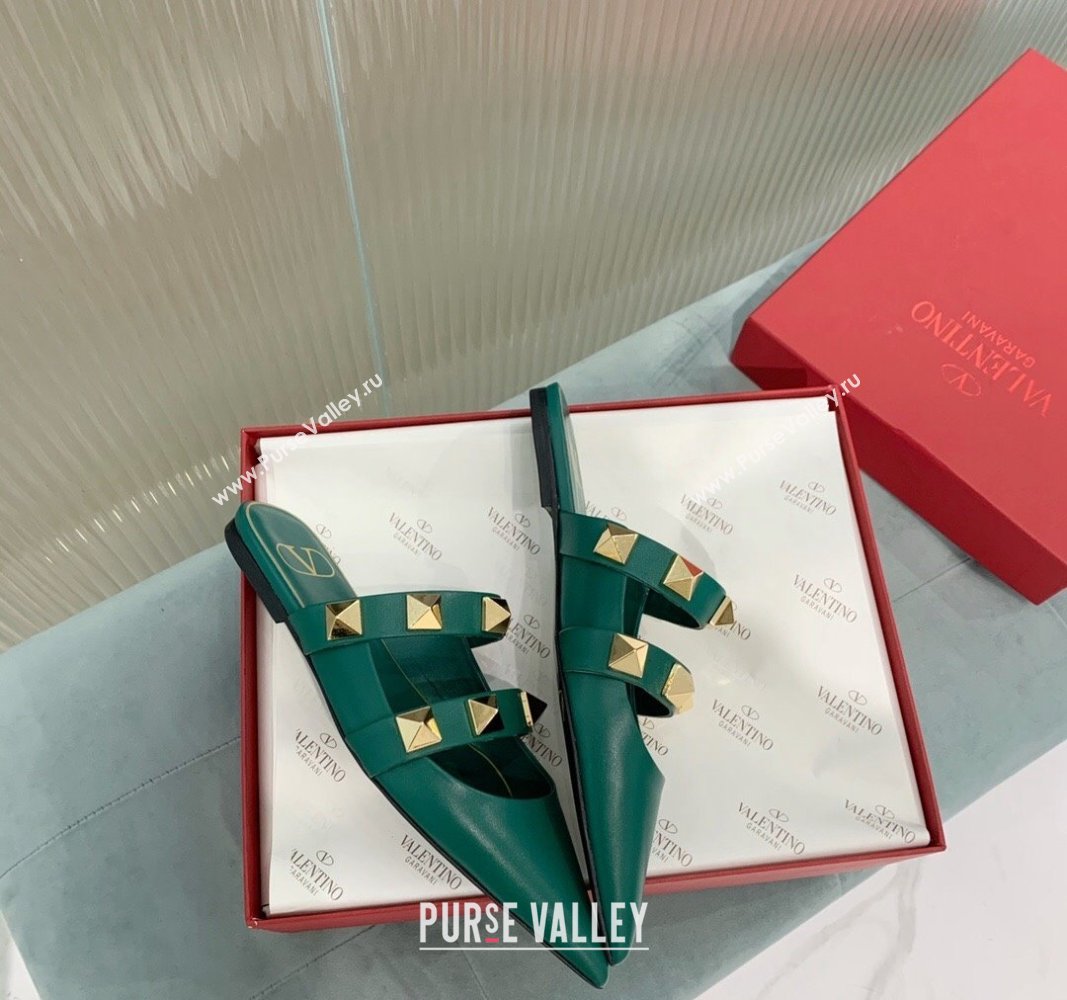 Valentino Roman Stud Calfskin Flat Mules with Straps Green 2024 0429 (KER-240429121)