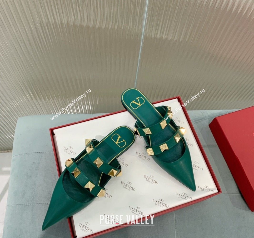 Valentino Roman Stud Calfskin Flat Mules with Straps Green 2024 0429 (KER-240429121)