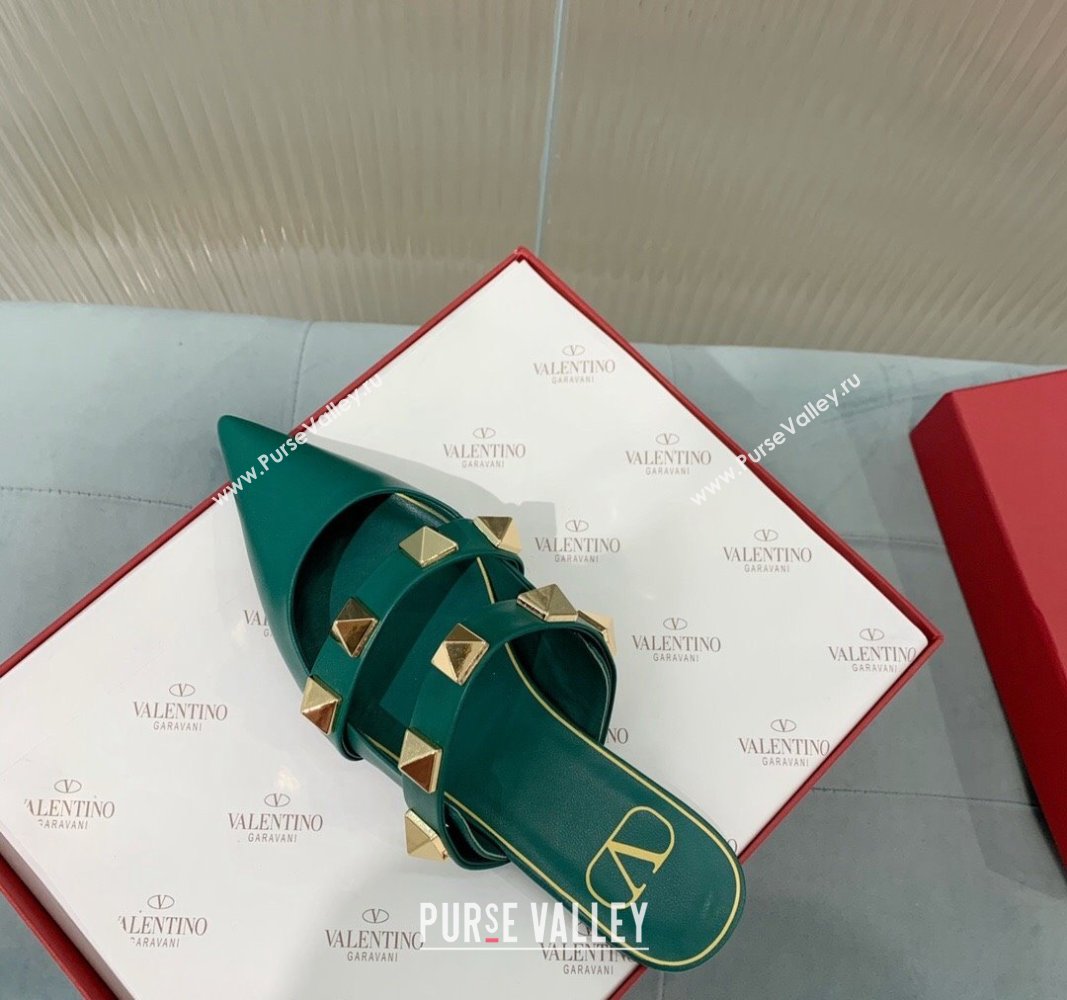 Valentino Roman Stud Calfskin Flat Mules with Straps Green 2024 0429 (KER-240429121)