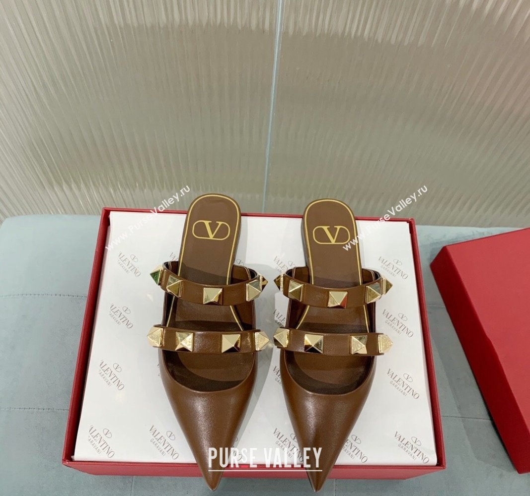 Valentino Roman Stud Calfskin Flat Mules with Straps Brown 2024 0429 (KER-240429122)