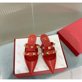 Valentino Roman Stud Calfskin Flat Mules with Straps Red 2024 0429 (KER-240429123)