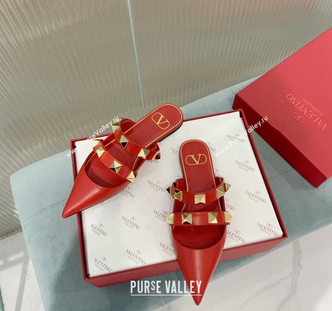 Valentino Roman Stud Calfskin Flat Mules with Straps Red 2024 0429 (KER-240429123)
