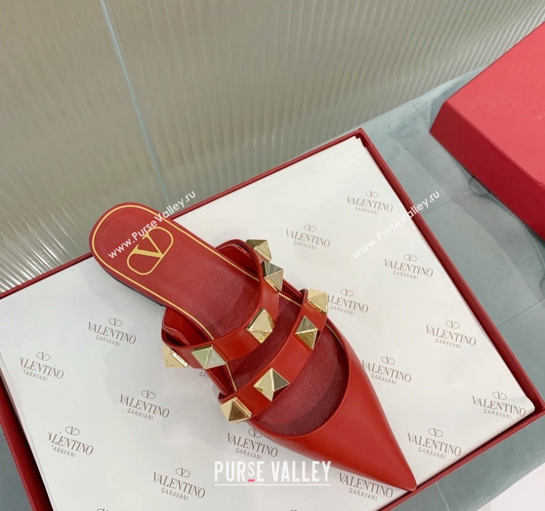 Valentino Roman Stud Calfskin Flat Mules with Straps Red 2024 0429 (KER-240429123)