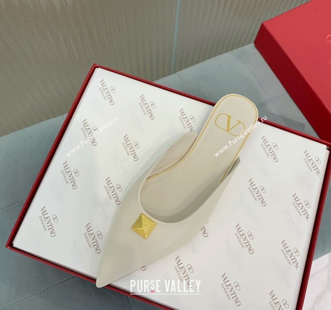 Valentino One Stud Calfskin Flat Mules White 2024 0429 (KER-240429125)