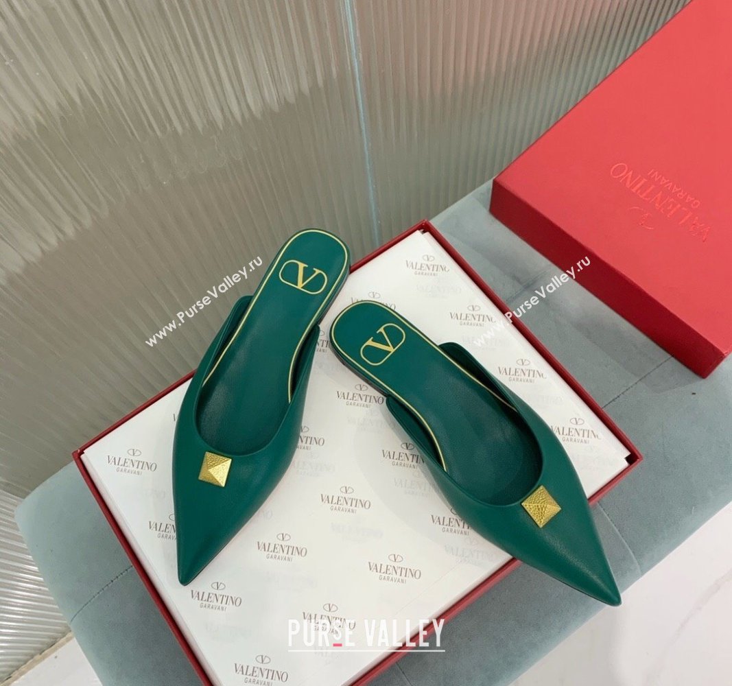 Valentino One Stud Calfskin Flat Mules Green 2024 0429 (KER-240429129)