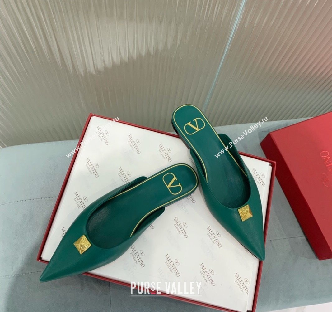 Valentino One Stud Calfskin Flat Mules Green 2024 0429 (KER-240429129)