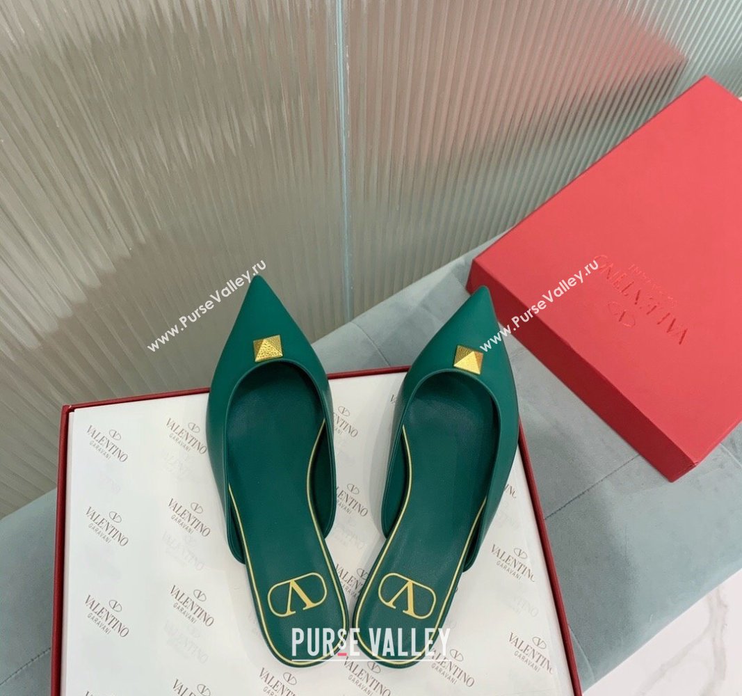 Valentino One Stud Calfskin Flat Mules Green 2024 0429 (KER-240429129)