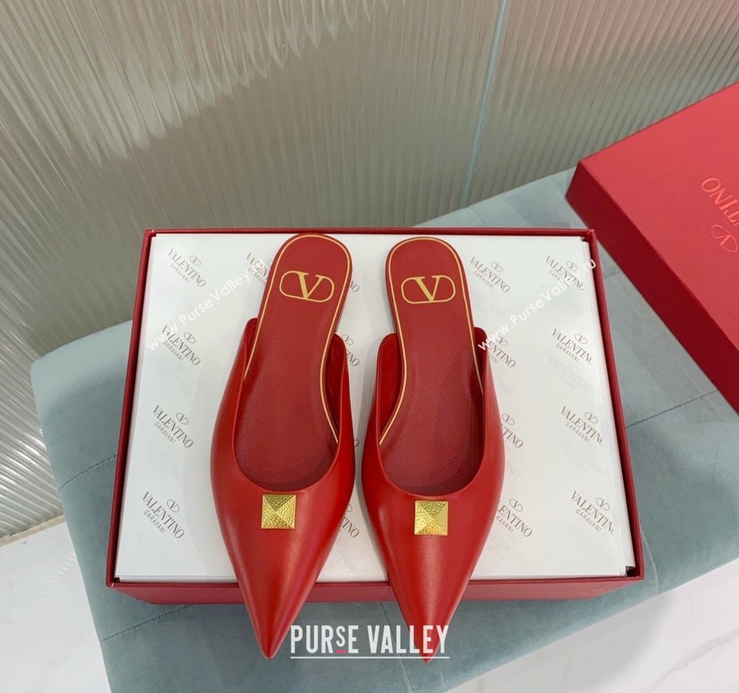 Valentino One Stud Calfskin Flat Mules Red 2024 0429 (KER-240429130)