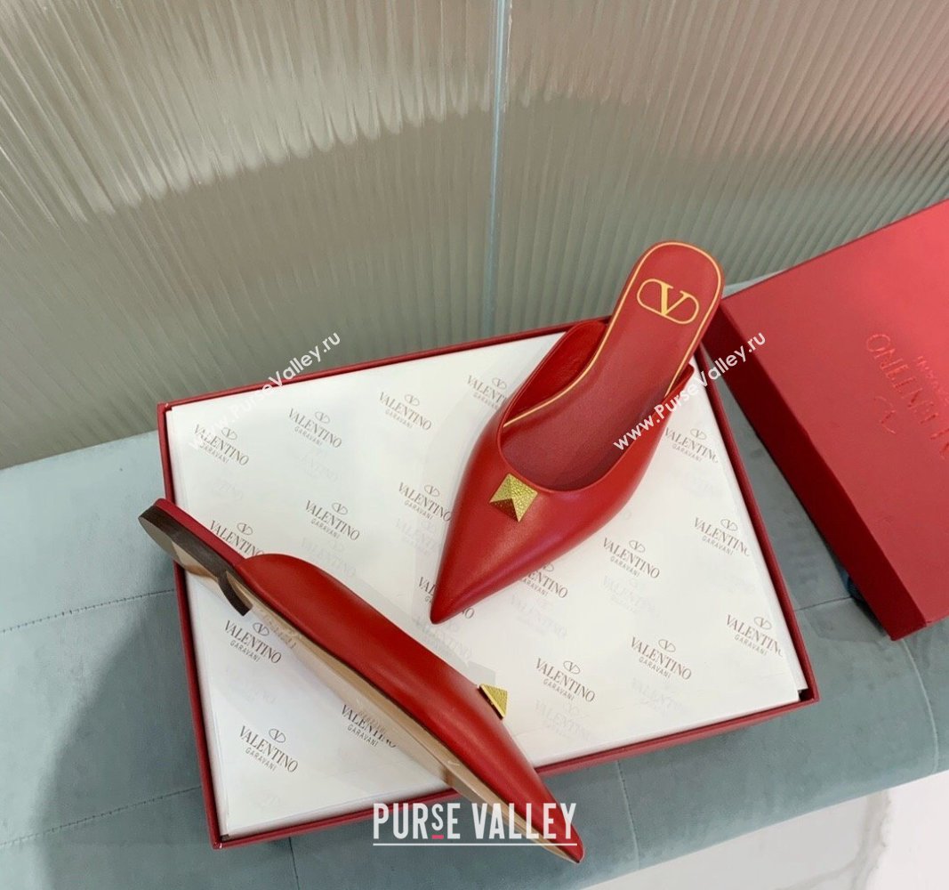 Valentino One Stud Calfskin Flat Mules Red 2024 0429 (KER-240429130)