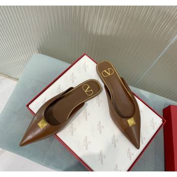 Valentino One Stud Calfskin Flat Mules Brown 2024 0429 (KER-240429131)