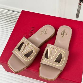 Valentino VLogo Cut-out Calfskin Flat Slide Sandals Dark Beige 2024 (Leather Outsole) (MD-240429063)