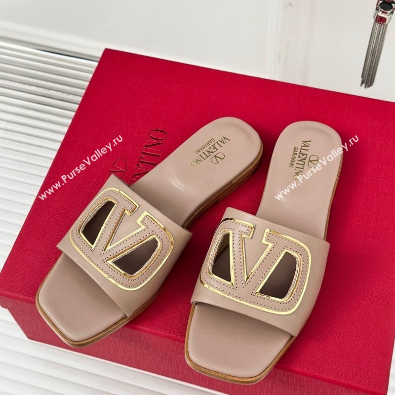 Valentino VLogo Cut-out Calfskin Flat Slide Sandals Dark Beige 2024 (Leather Outsole) (MD-240429063)