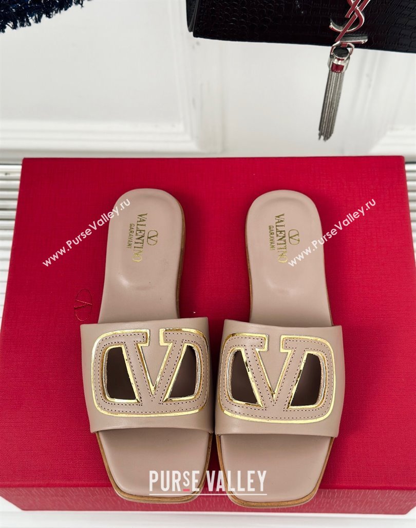 Valentino VLogo Cut-out Calfskin Flat Slide Sandals Dark Beige 2024 (Leather Outsole) (MD-240429063)