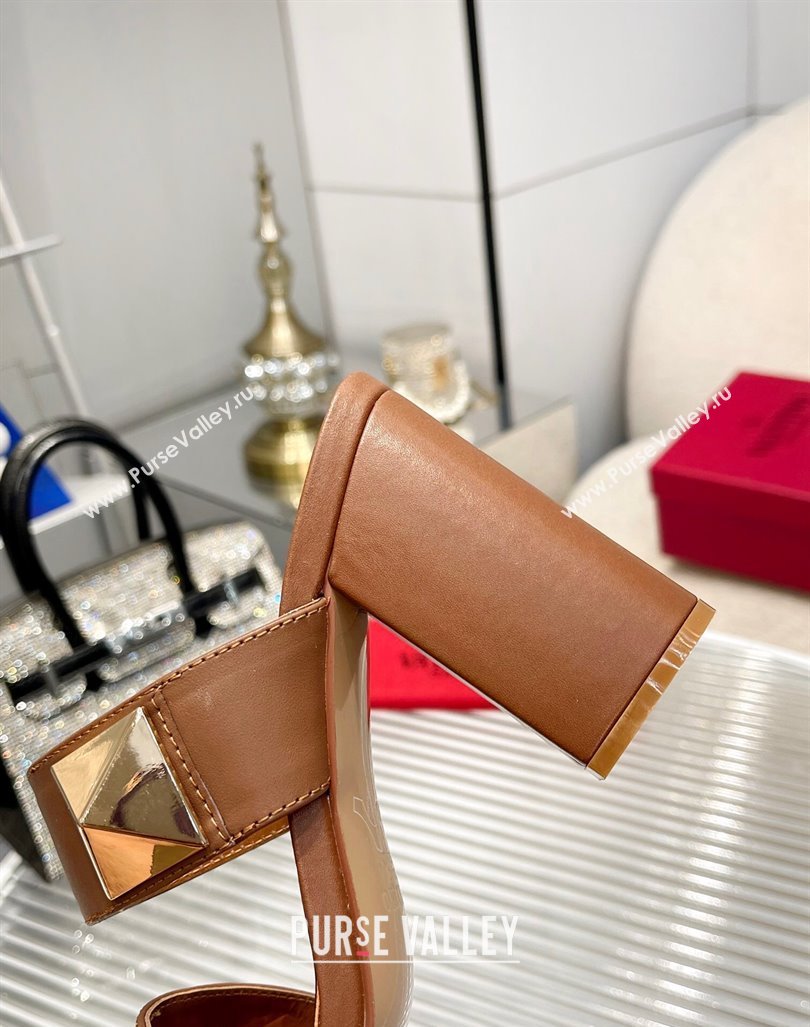 Valentino One Stud Calfskin Heel Slide Sandals 8.5cm Brown 2024 042901 (MD-240429022)