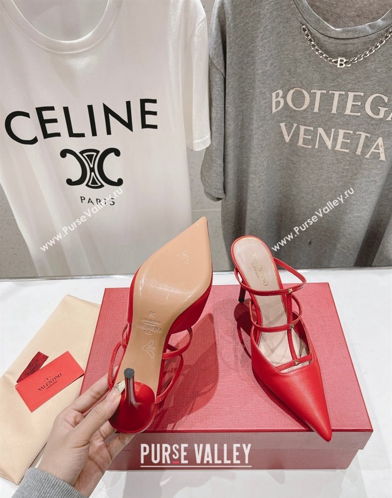 Valentino Rockstud Wispy Calfskin Leather Heel Mules 9cm Red 2024 0429 (MD-240429142)