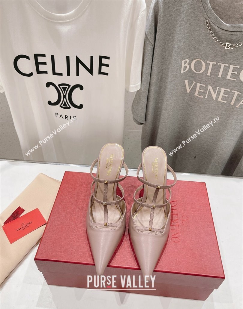 Valentino Rockstud Wispy Calfskin Leather Heel Mules 9cm Dusty Pink 2024 0429 (MD-240429143)