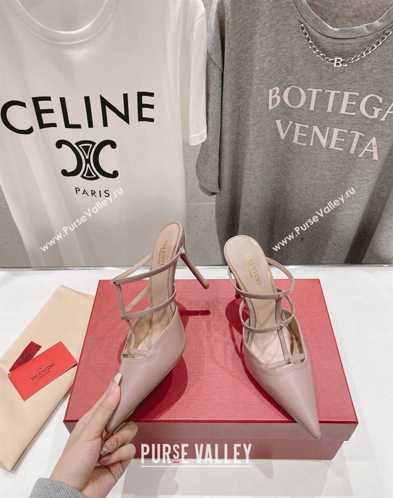 Valentino Rockstud Wispy Calfskin Leather Heel Mules 9cm Dusty Pink 2024 0429 (MD-240429143)