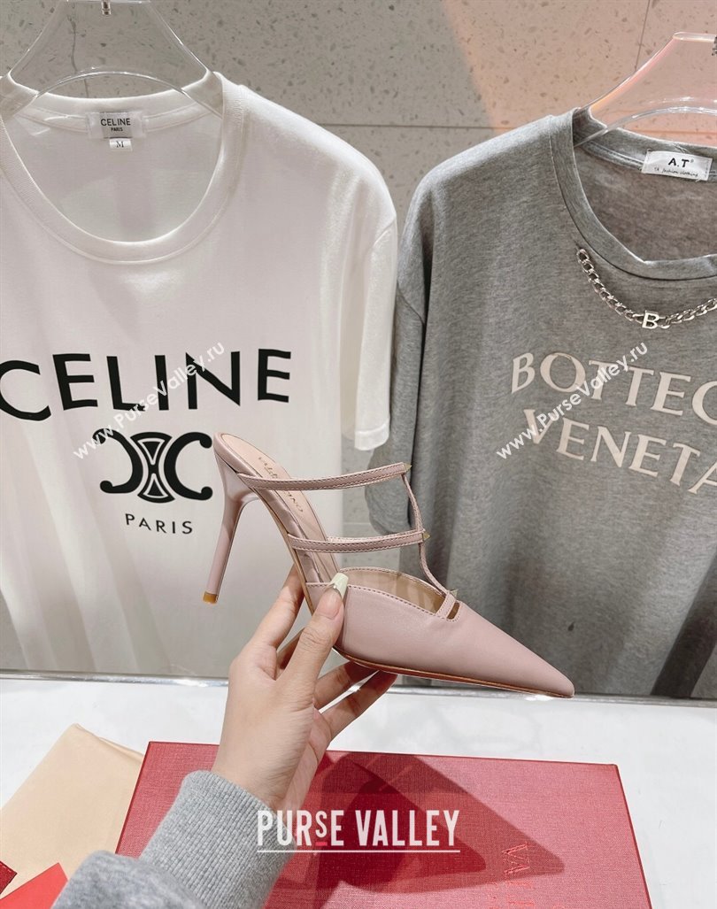 Valentino Rockstud Wispy Calfskin Leather Heel Mules 9cm Dusty Pink 2024 0429 (MD-240429143)