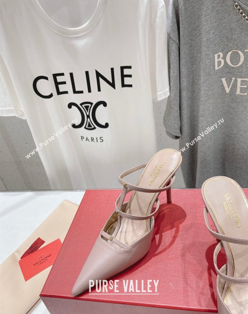 Valentino Rockstud Wispy Calfskin Leather Heel Mules 9cm Dusty Pink 2024 0429 (MD-240429143)