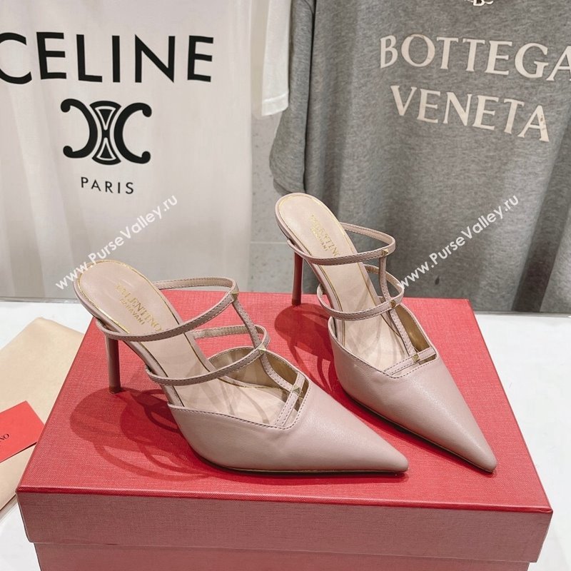 Valentino Rockstud Wispy Calfskin Leather Heel Mules 9cm Dusty Pink 2024 0429 (MD-240429143)