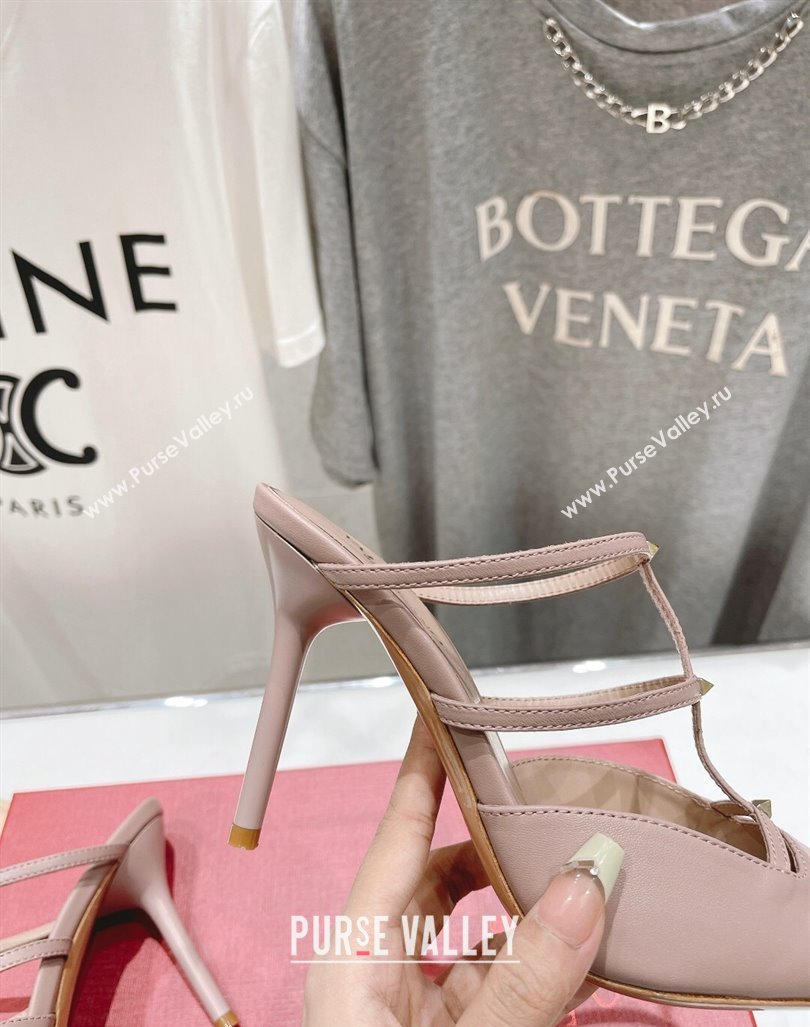 Valentino Rockstud Wispy Calfskin Leather Heel Mules 9cm Dusty Pink 2024 0429 (MD-240429143)